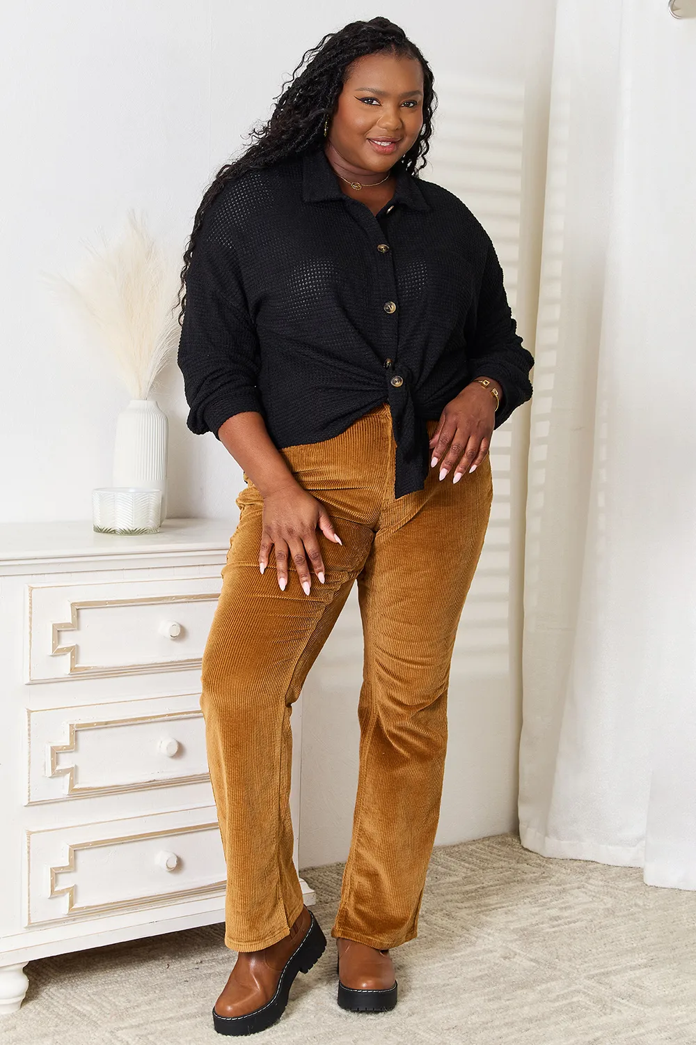 Waffle-Knit Collared Neck Dropped Shoulder Shirt, image 2