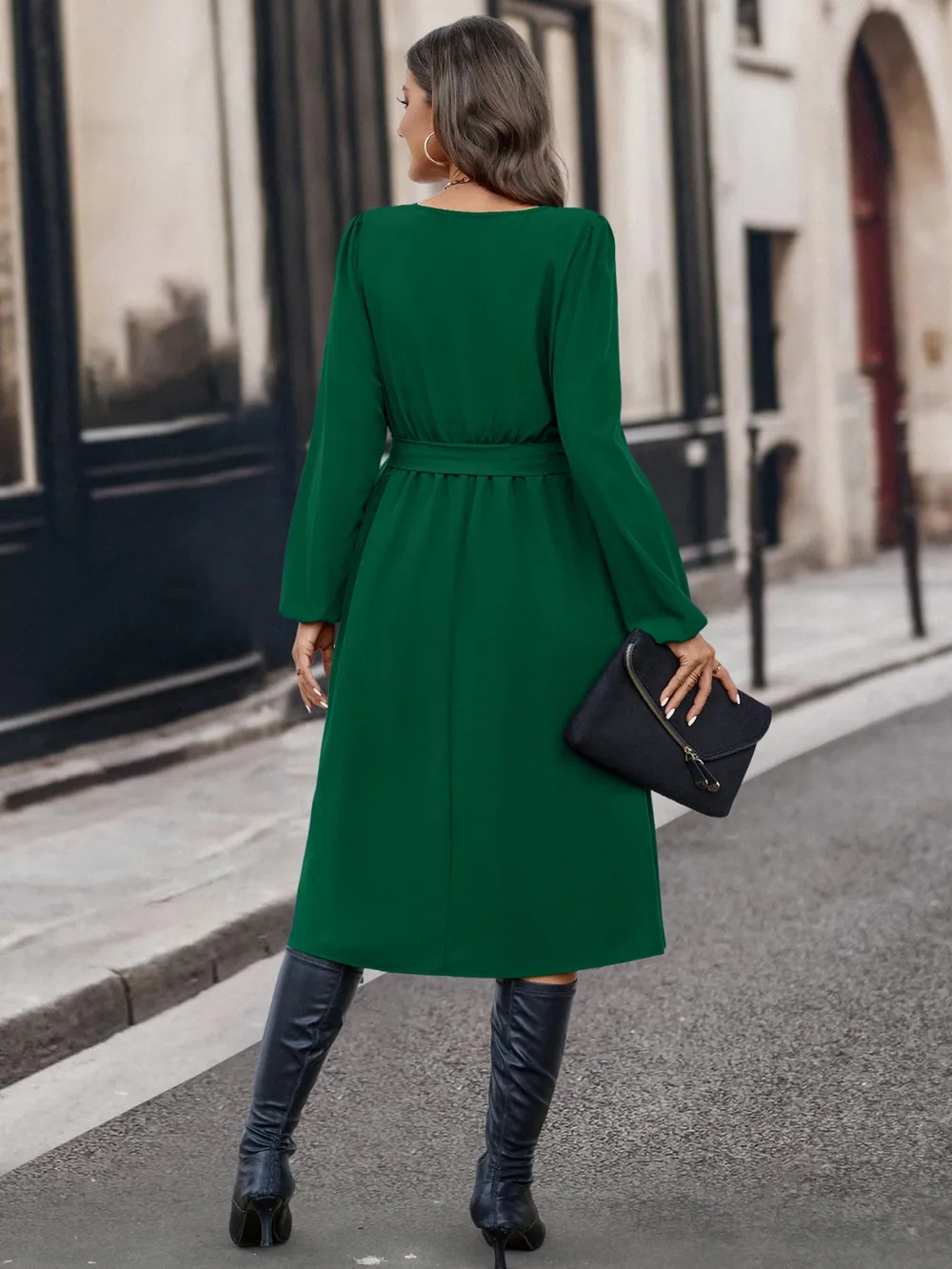 Buttoned Tie Front Long Sleeve Asymmetrical Neck Dress, image 2