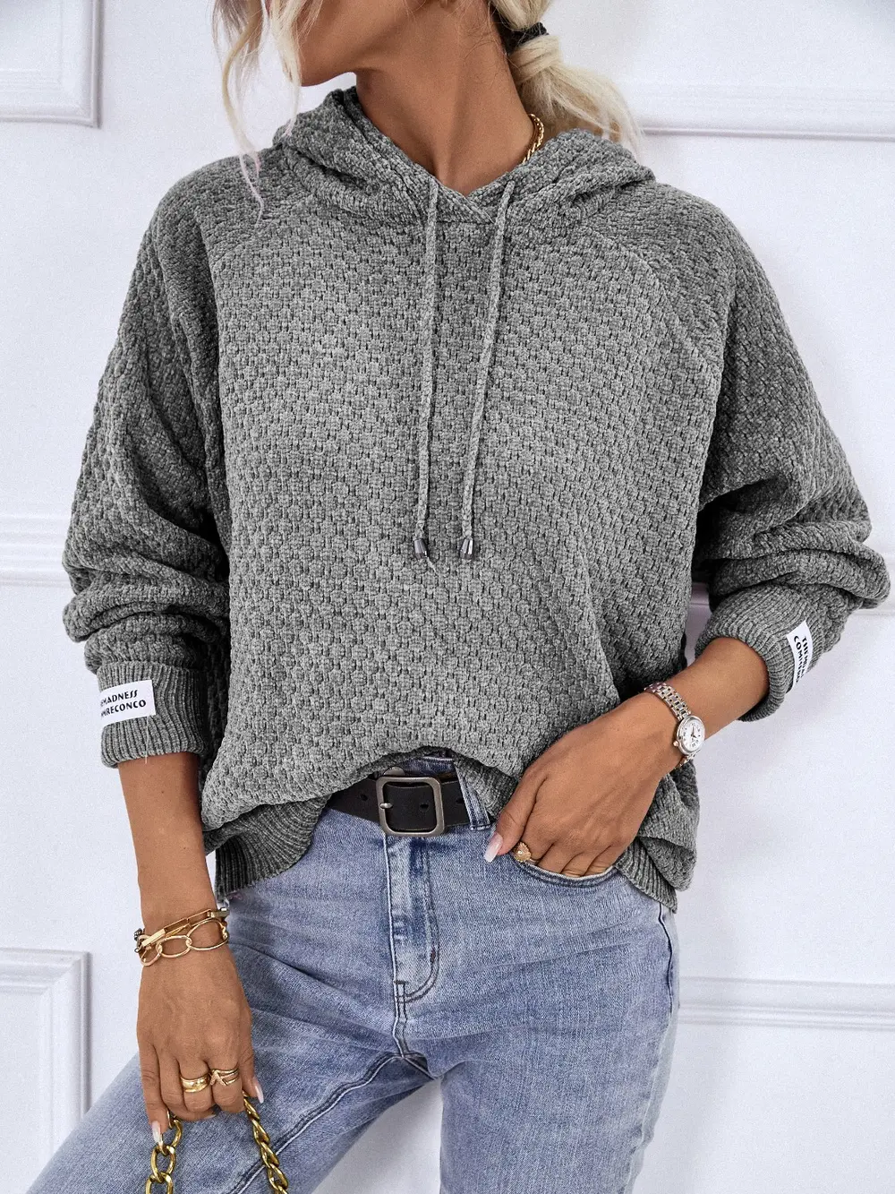Texture Drawstring Long Sleeve Hooded Sweater, image 2