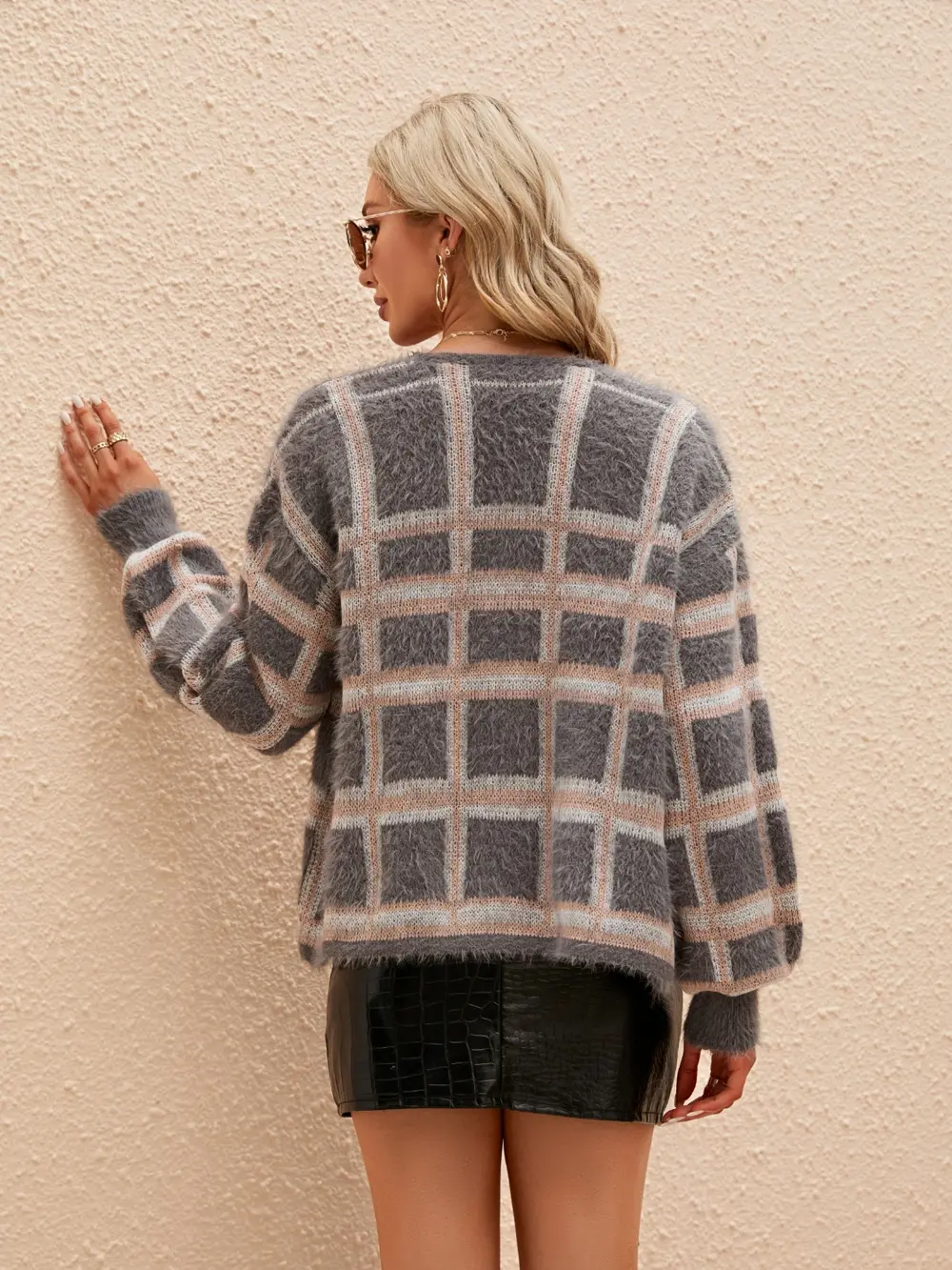 Open Front Plaid Long Sleeve Cardigan, image 7