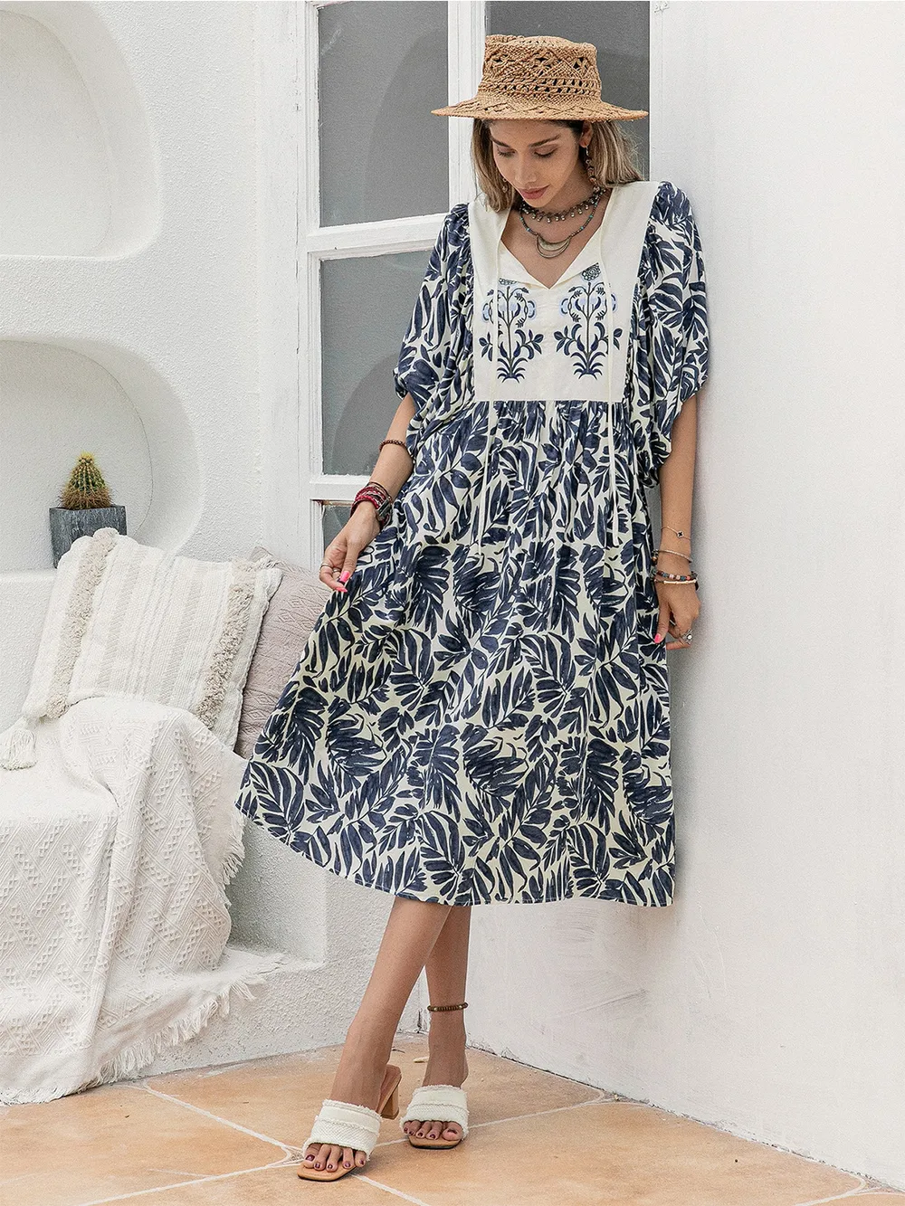 Printed Tie Neck Midi Dress, image 2