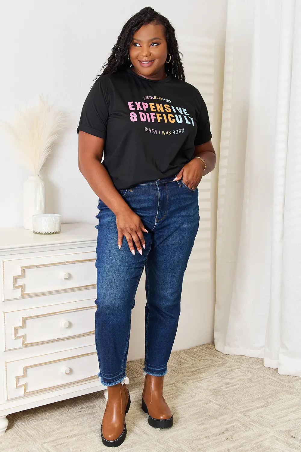 Slogan Graphic Cuffed Sleeve T-Shirt, image 2