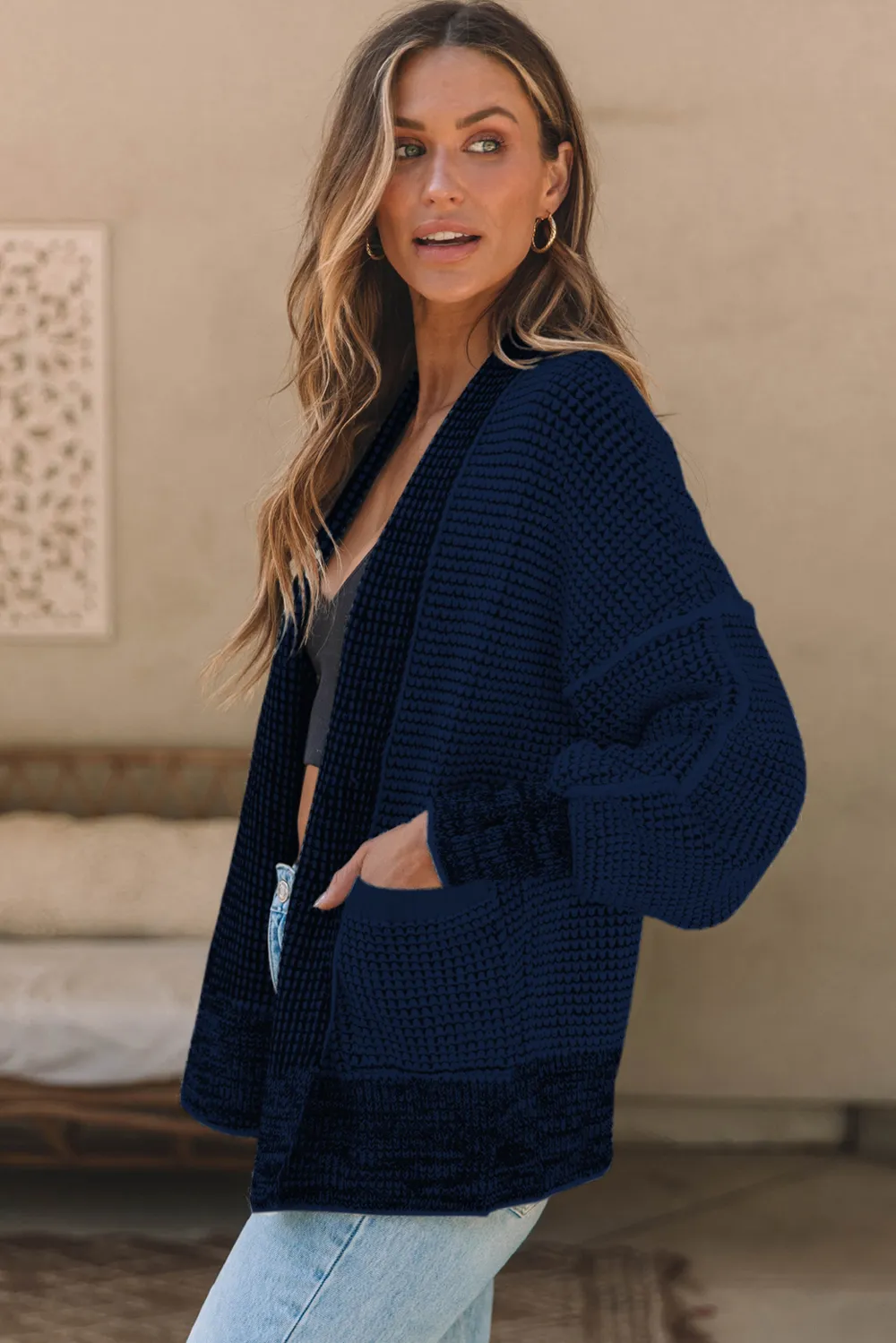 Waffle-knit Pocketed Open Front Cardigan, image 10