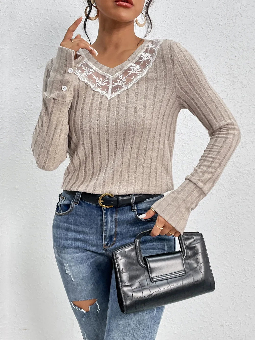 Lace Detail Ribbed V-Neck Long Sleeve Top, image 3