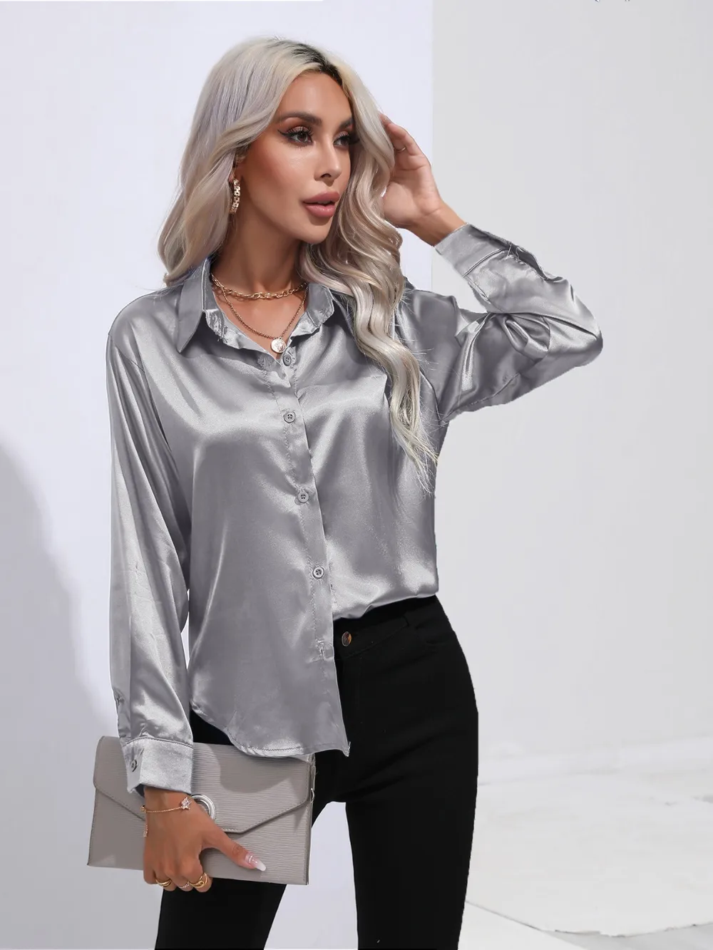 Collared Neck Buttoned Long Sleeve Shirt, image 2