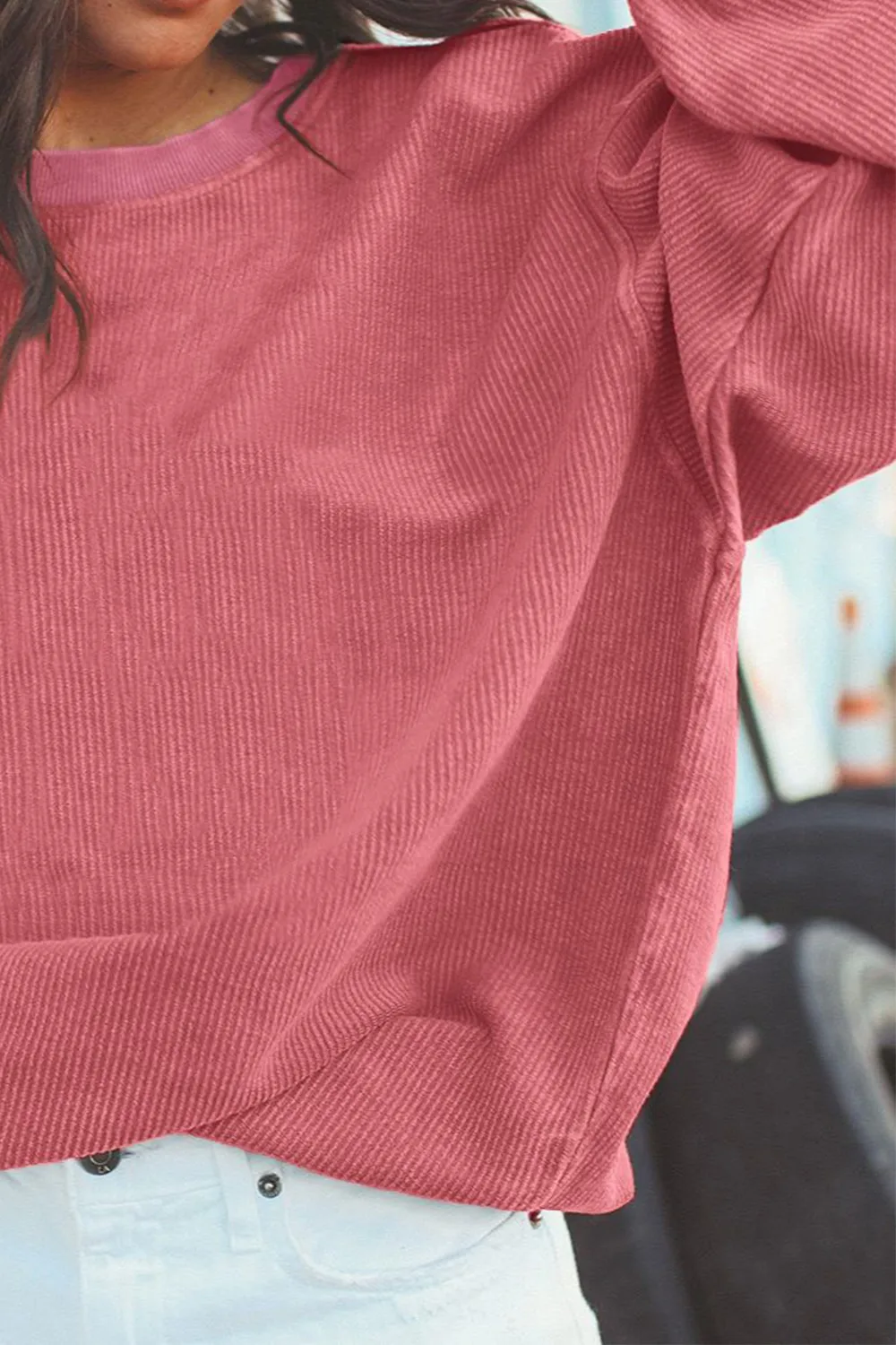 Ribbed Round Neck Drop Shoulder Sweatshirt, image 2