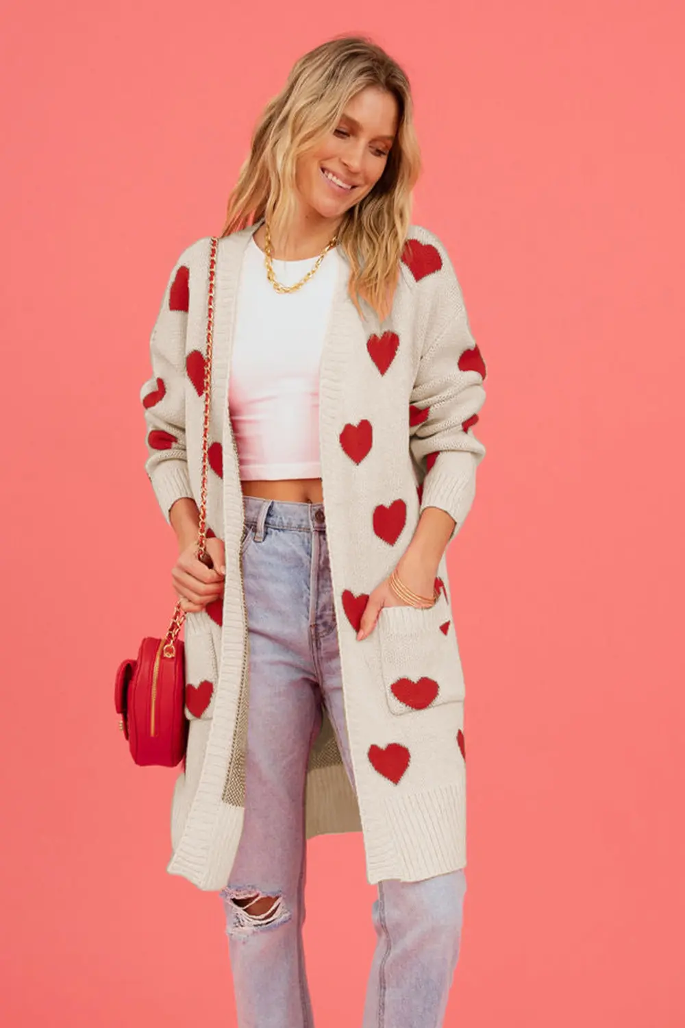 Heart Graphic Open Front Cardigan with Pockets, image 4