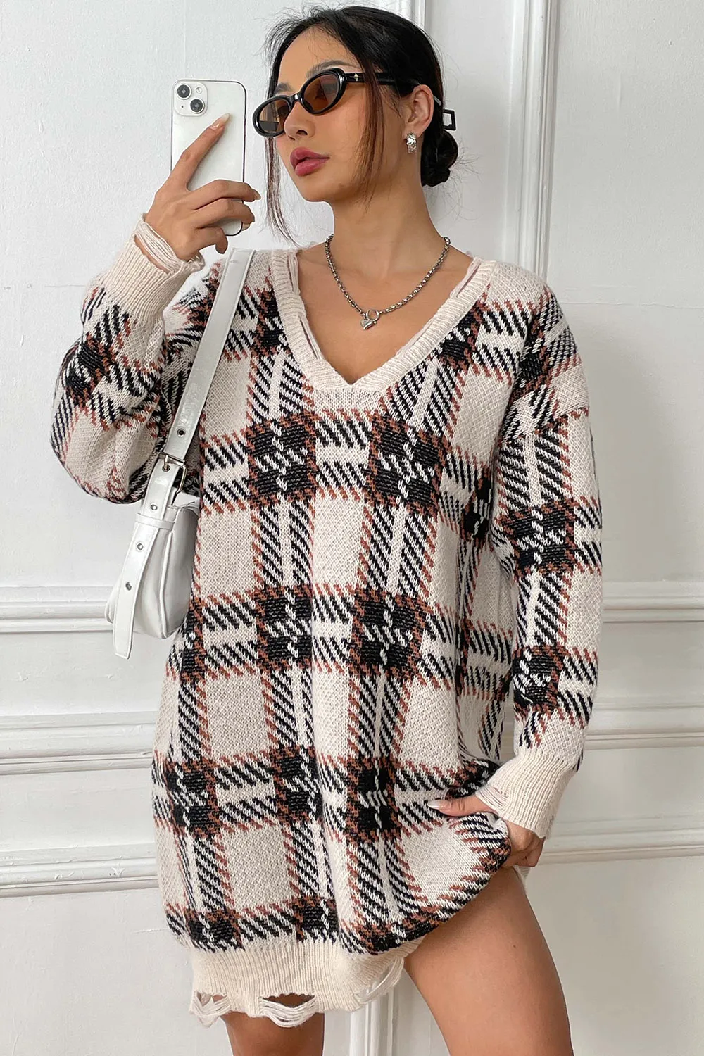 Plaid V-Neck Long Sleeve Sweater Dress, image 14