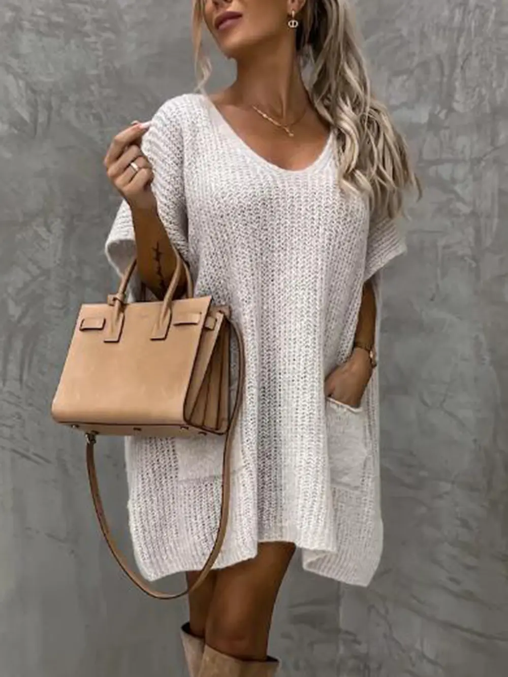 V-Neck Short Sleeve Sweater with Pockets, image 7