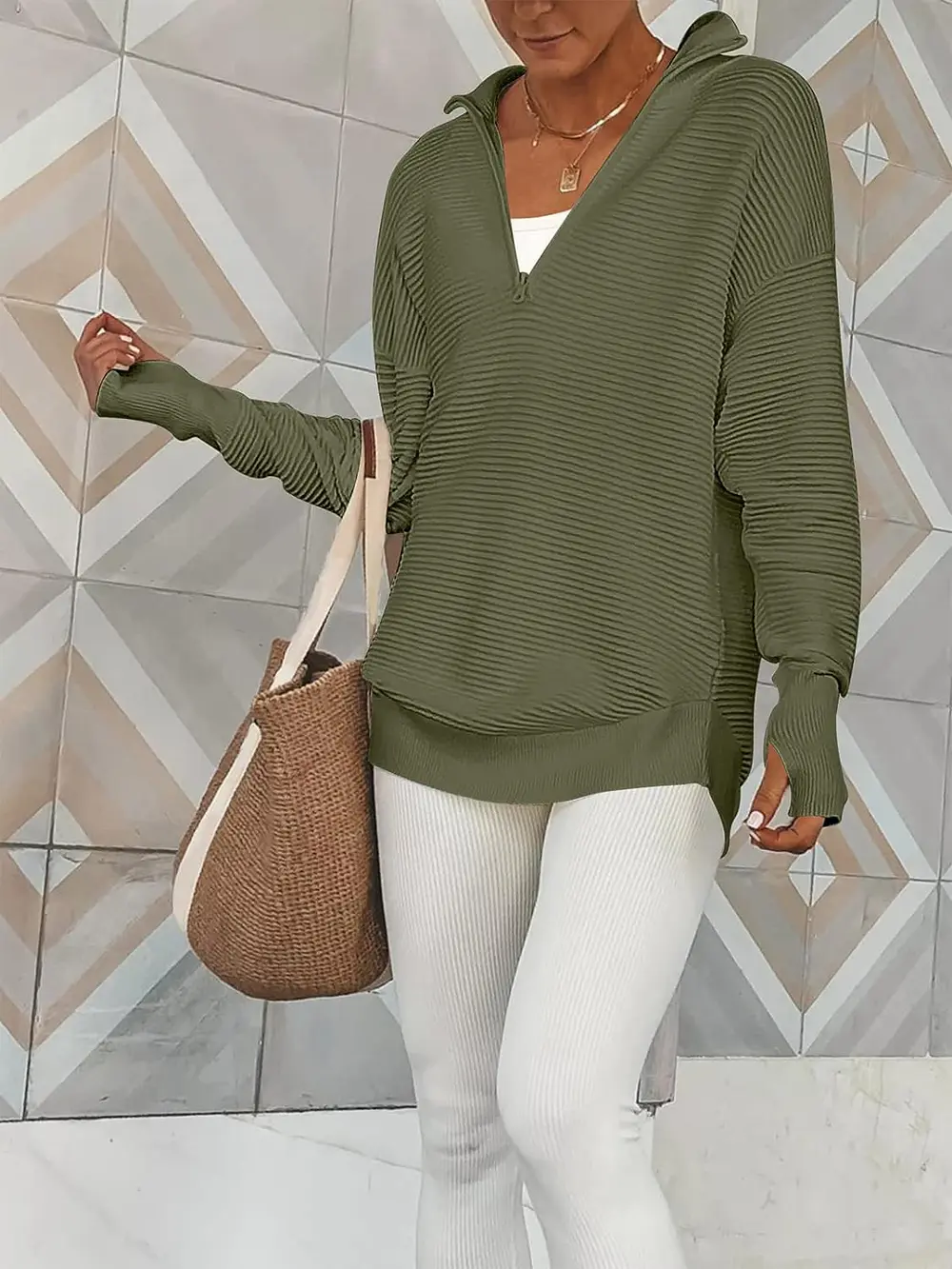 Half Zip Long Sleeve Knit Top, image 2