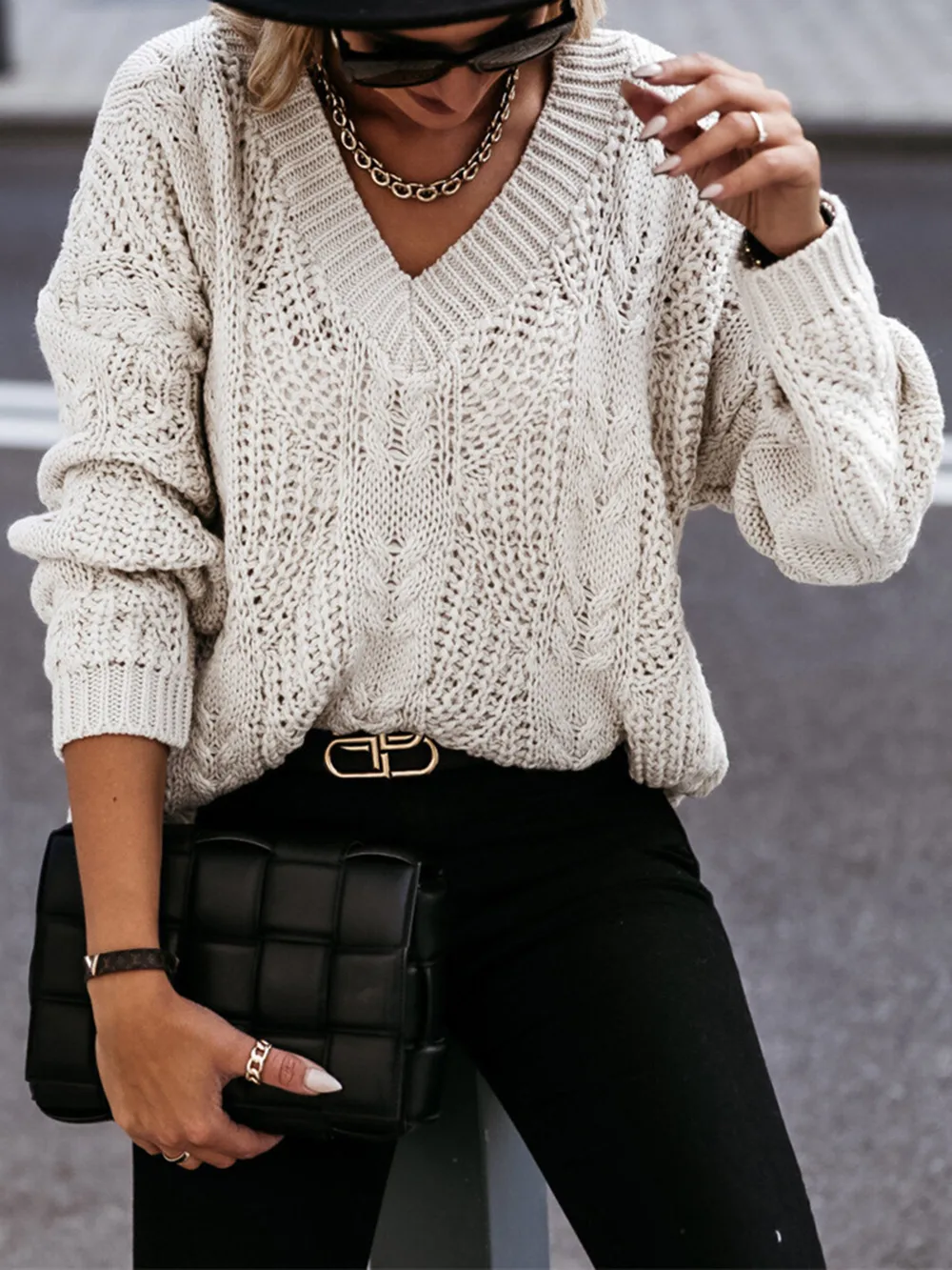 V-Neck Cable-Knit Long Sleeve Sweater, image 3