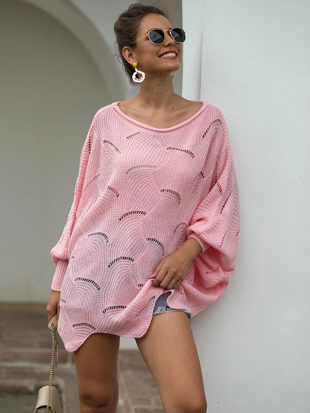 Full Size Boat Neck Lantern Sleeve Openwork Knit Top, image 9