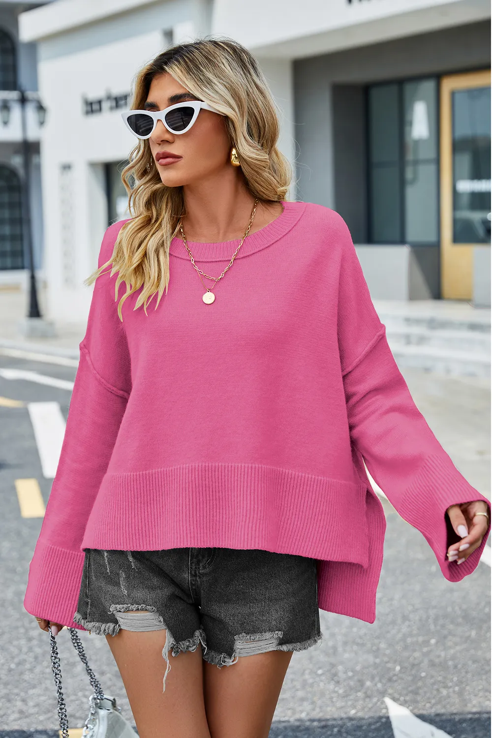 High-Low Slit Round Neck Long Sleeve Sweater, image 4