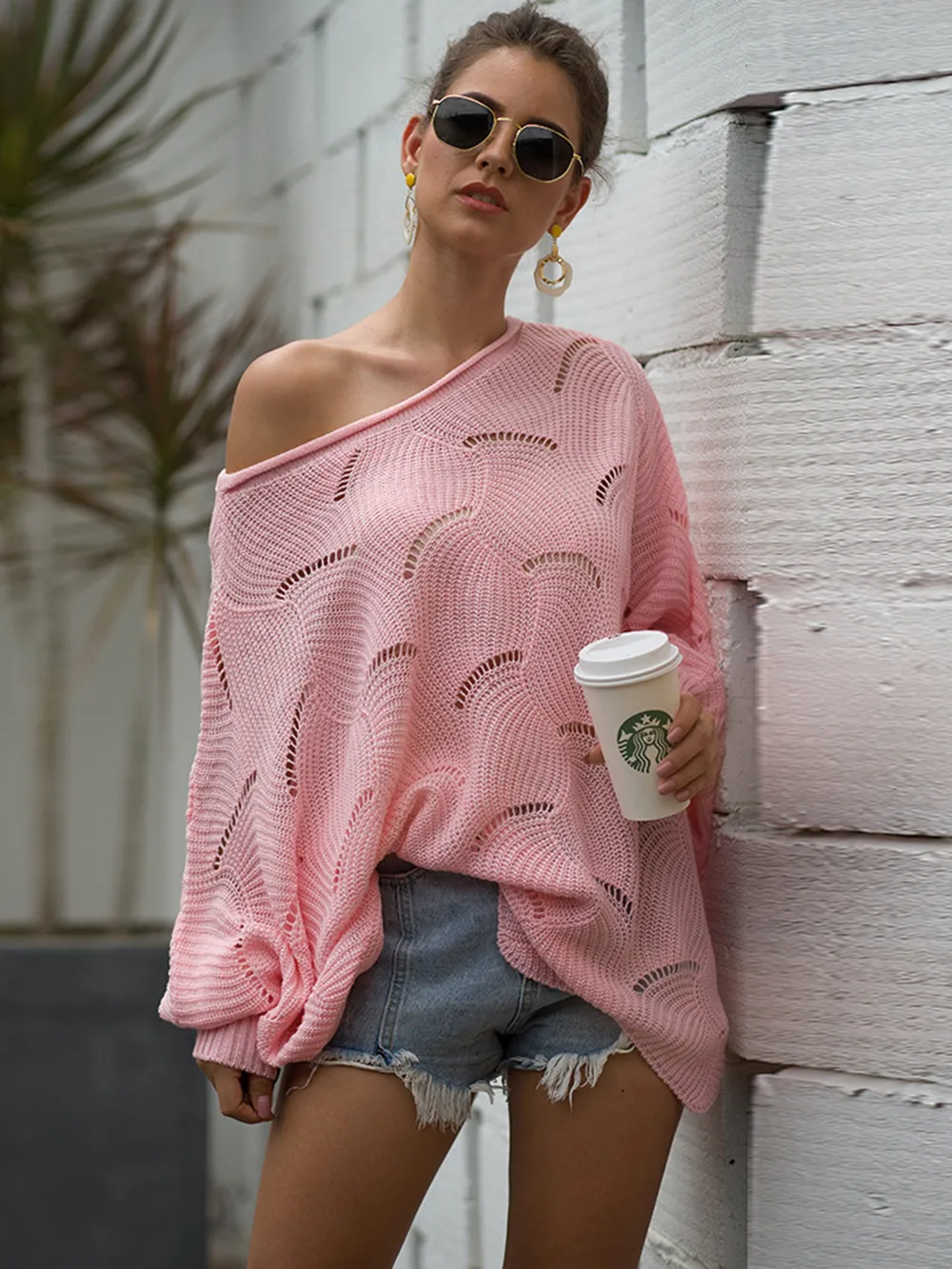 Full Size Boat Neck Lantern Sleeve Openwork Knit Top, image 10