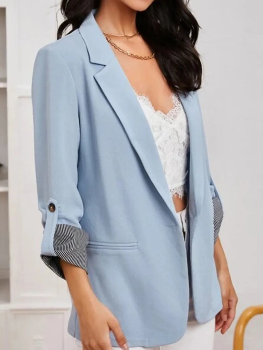 Lapel Collar Roll-Tab Sleeve Blazer, image 2