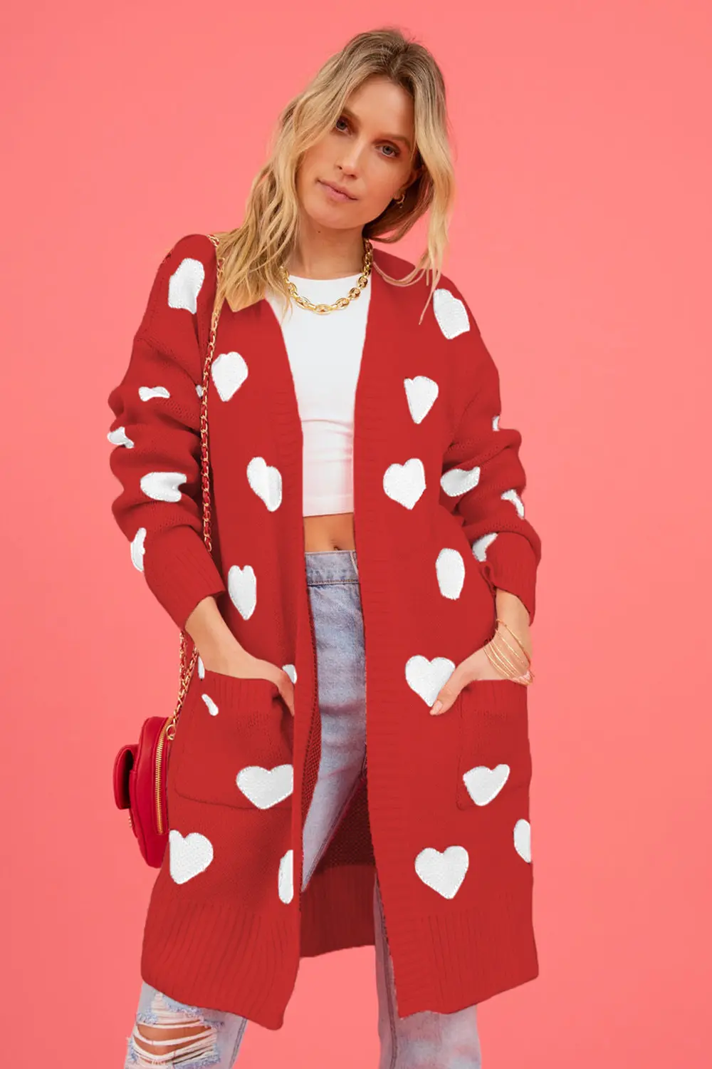 Heart Graphic Open Front Cardigan with Pockets, image 10
