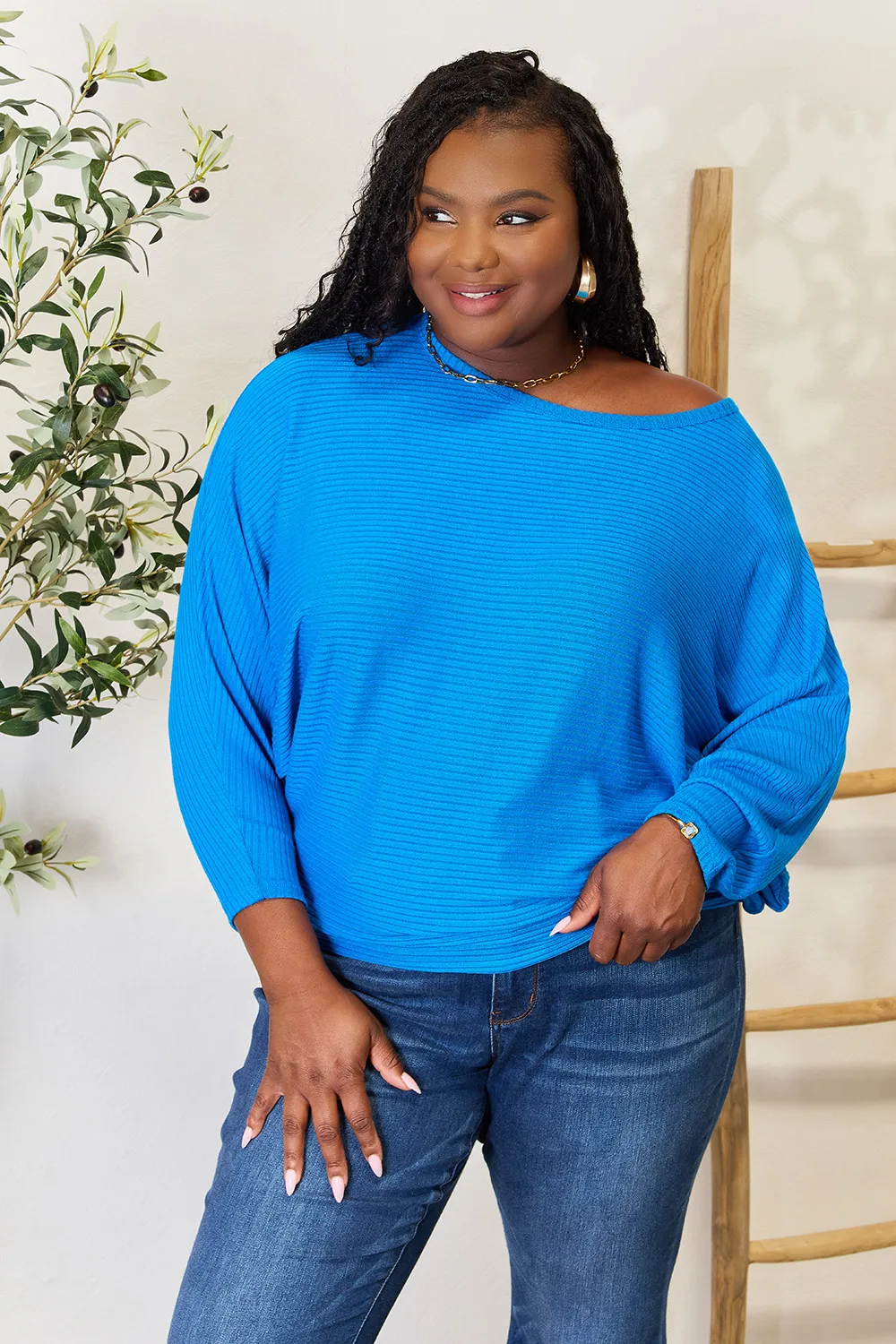 Full Size Round Neck Batwing Sleeve Blouse, image 5
