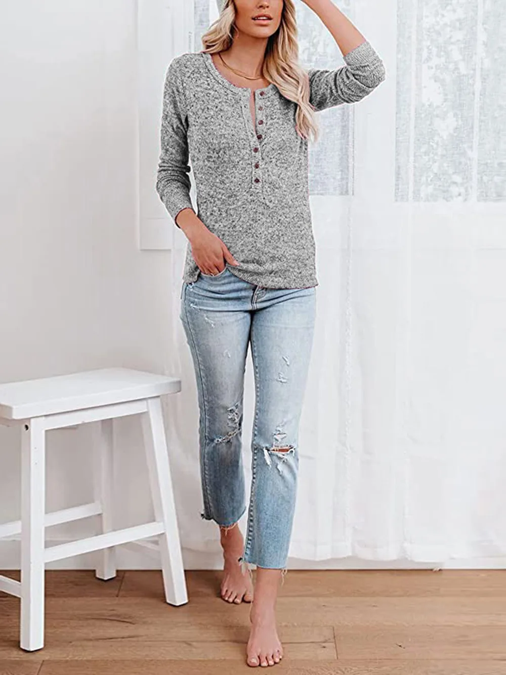 Round Neck Buttoned Long Sleeve T-Shirt, image 12