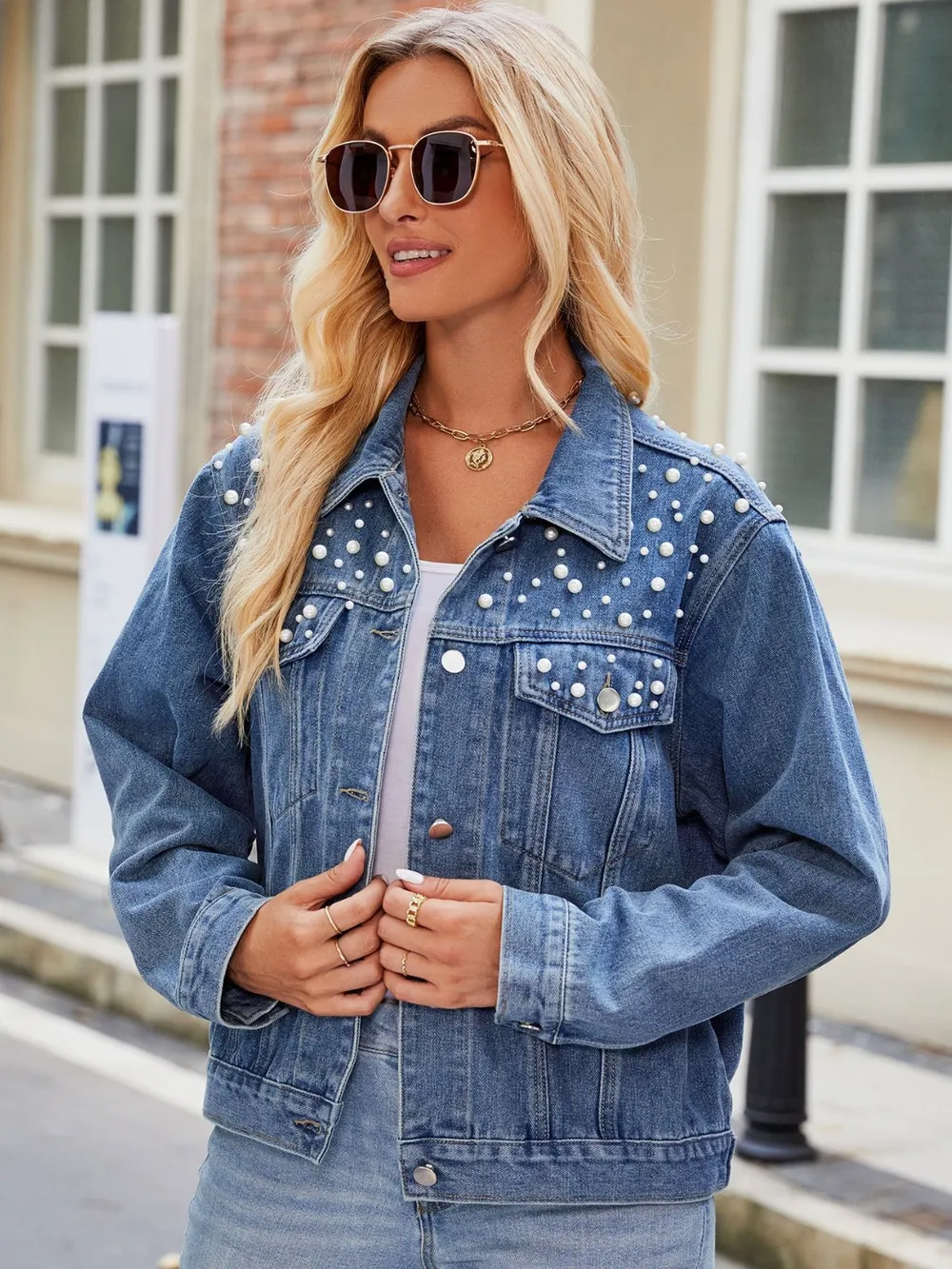 Pearl Detail Collared Neck Long Sleeve Denim Jacket, image 2
