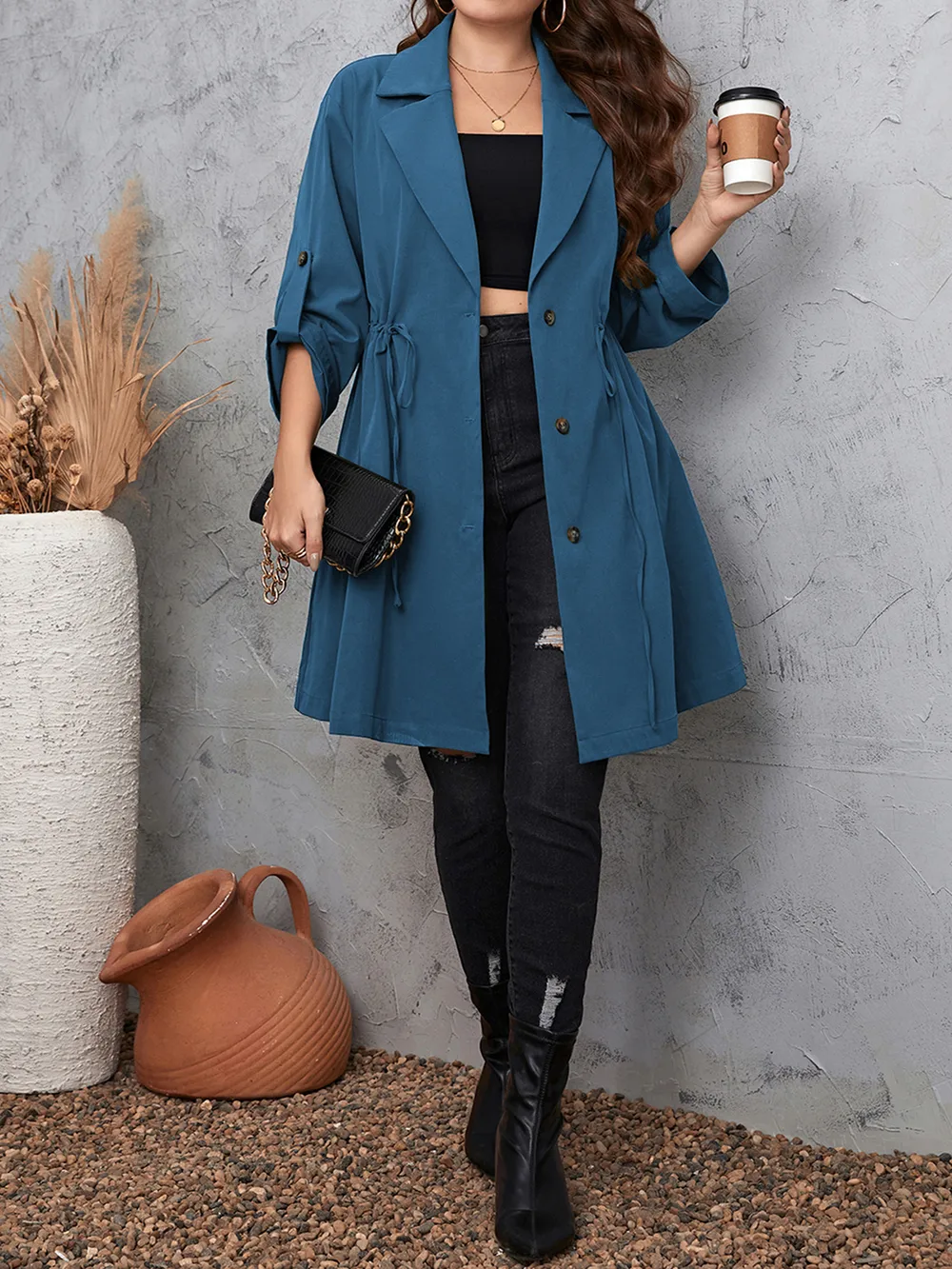 Plus Size Lapel Collar Drawstring Roll-Tab Sleeve Trench Coat, image 2