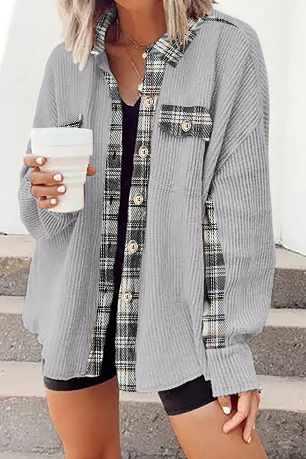 Plaid Button Down Collared Jacket, image 3