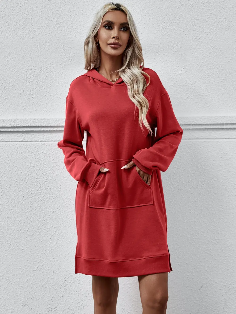 Slit Long Sleeve Hooded Dress with Pocket, image 26