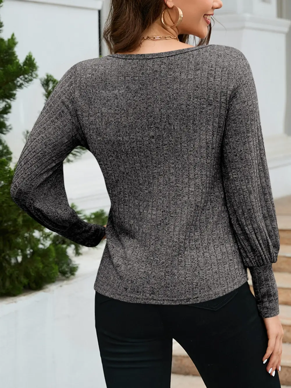 Ribbed Round Neck Lantern Sleeve Knit Top, image 15