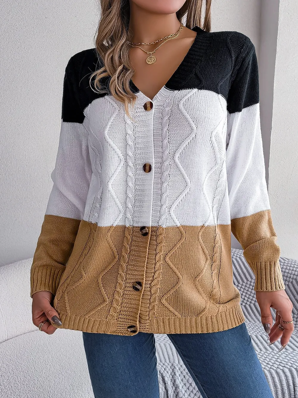 Cable-Knit Striped Button Up Cardigan, image 5