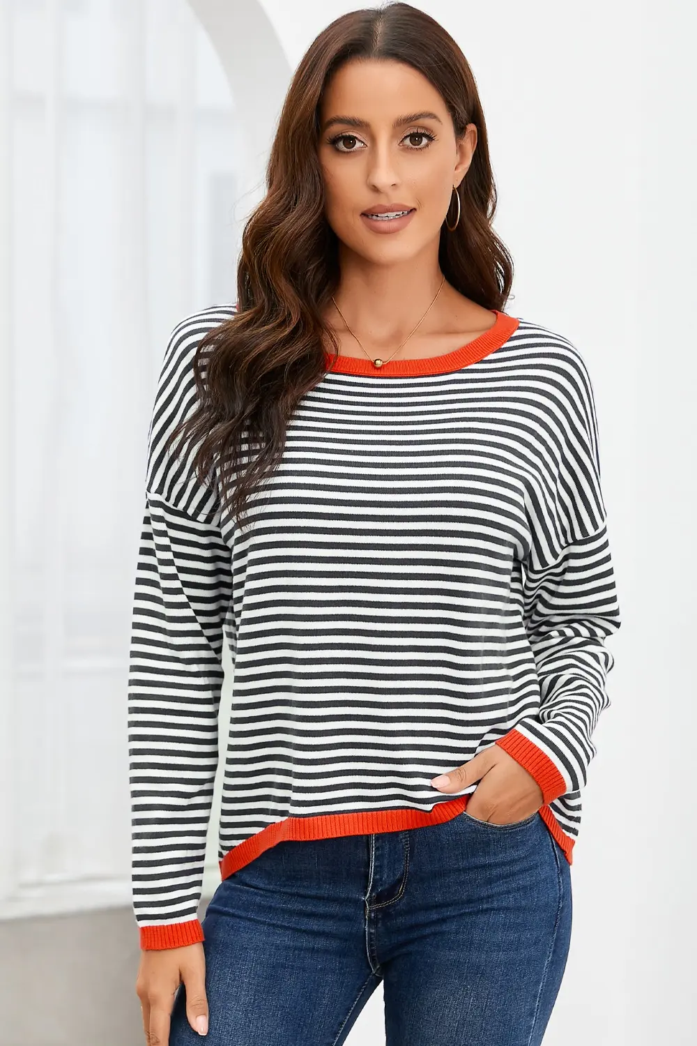 Striped Round Neck Drop Shoulder T-Shirt, image 2