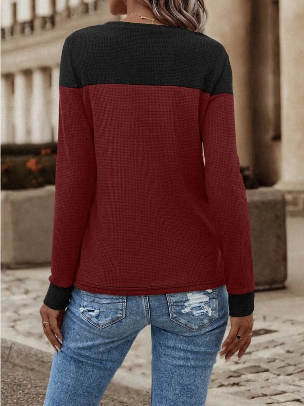 Contrast Buttoned Round Neck Long Sleeve T-Shirt, image 7