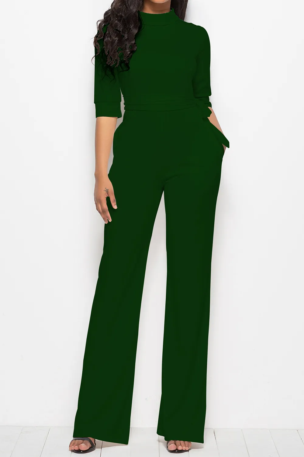 Mock Neck Tie-Waist Half Sleeve Jumpsuit, image 2