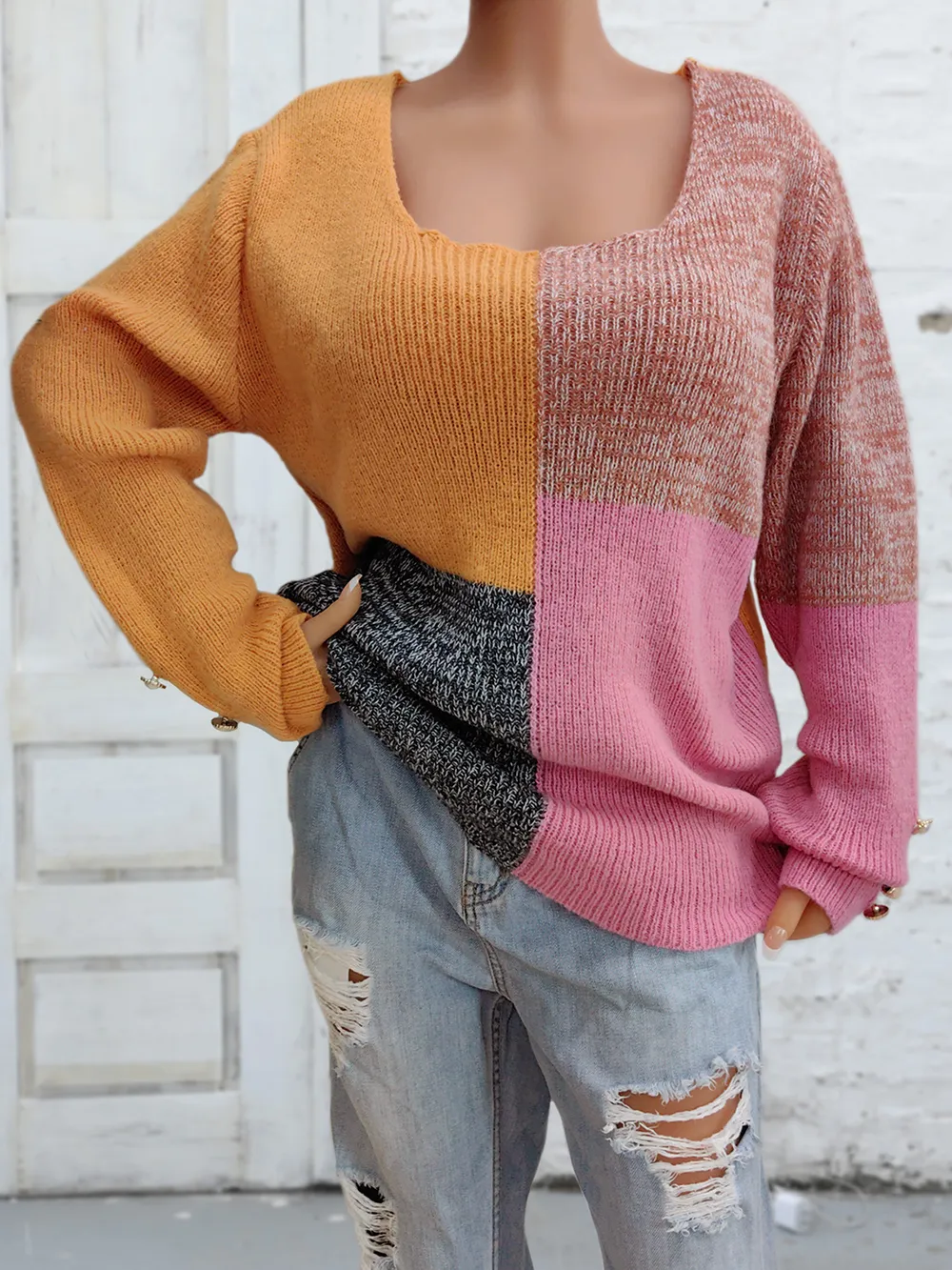 Color Block Decorative Button Long Sleeve Sweater, image 5