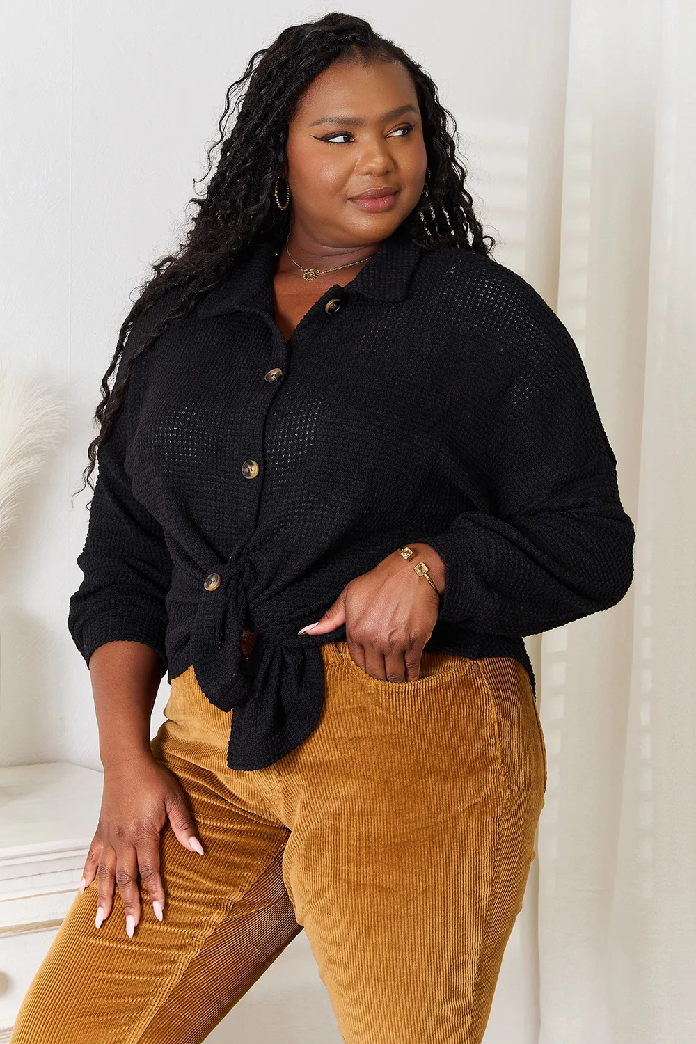 Waffle-Knit Collared Neck Dropped Shoulder Shirt, image 3