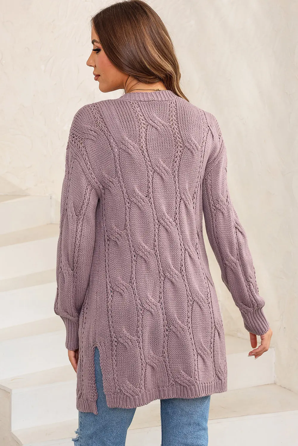 Cable-Knit Dropped Shoulder Slit Cardigan, image 2
