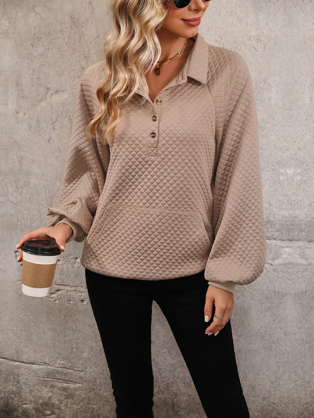 Collared Neck Buttoned Sweatshirt with Pocket, image 3