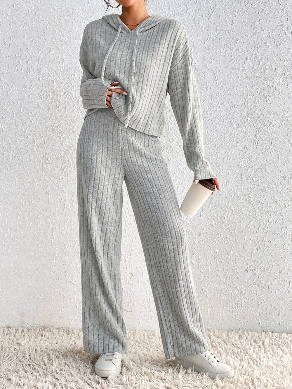 Drawstring Ribbed Hoodie and Straight Leg Pants Set, image 2