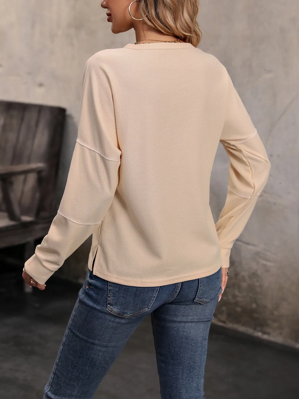 Round Neck Buttoned Slit Long Sleeve Top, image 2