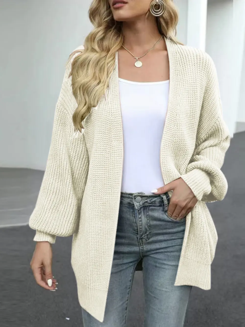 Drop Shoulder Balloon Sleeve Cardigan, image 3