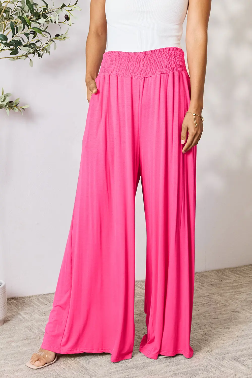 Full Size Smocked Wide Waistband Wide Leg Pants, image 2