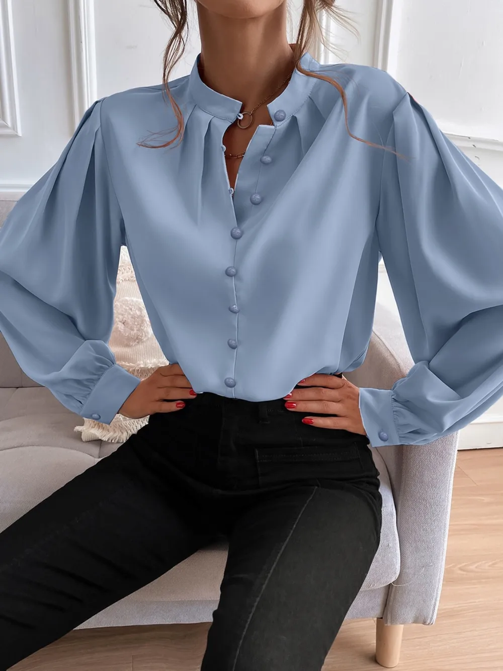 Mock Neck Button Front Shirt, image 12