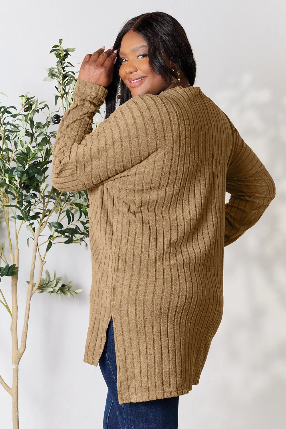 Full Size Ribbed Round Neck Long Sleeve Slit Top, image 2