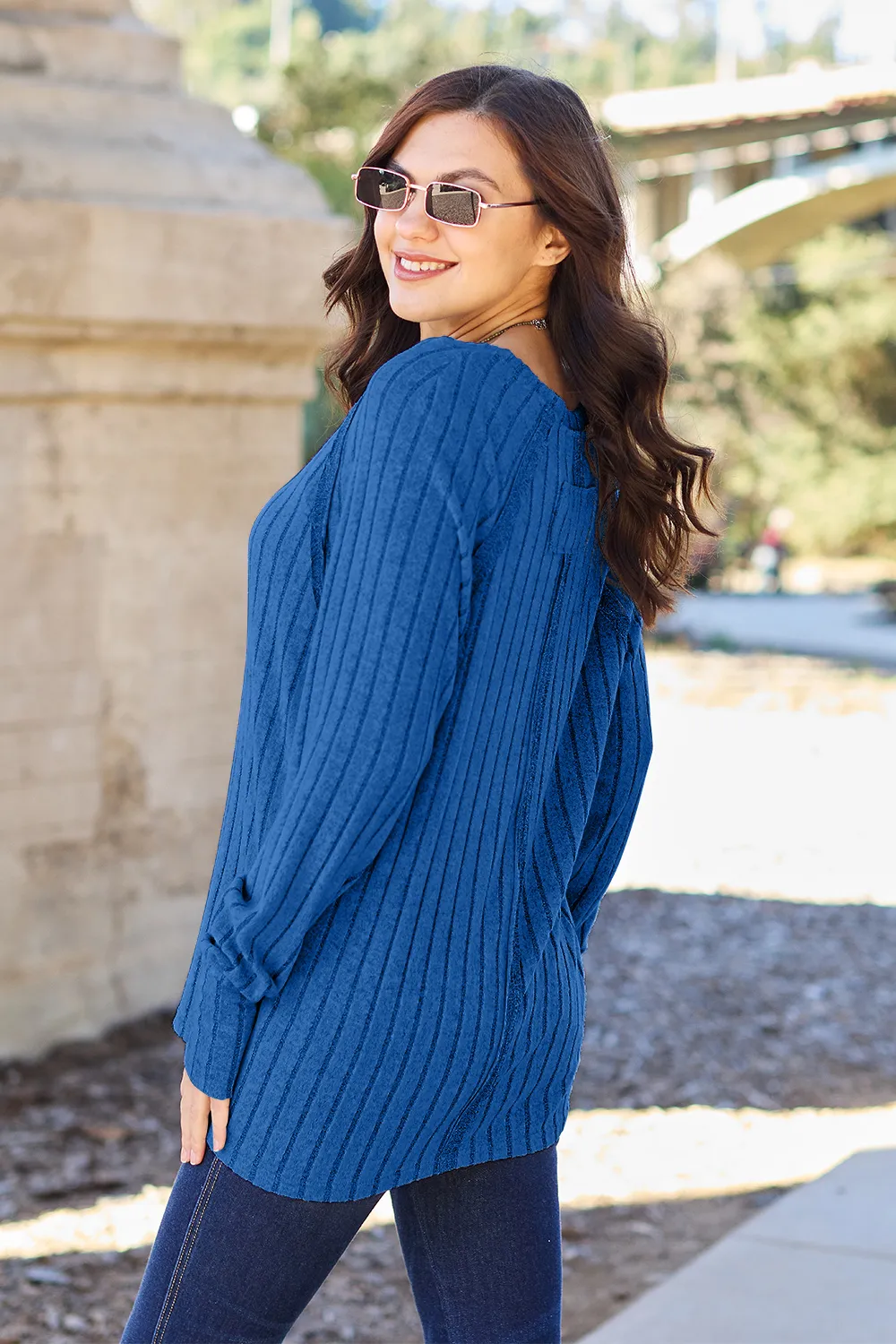 Full Size Ribbed Round Neck Long Sleeve Knit Top, image 2