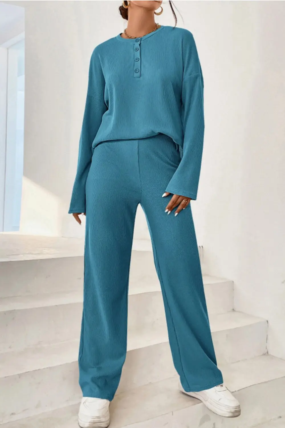 Ribbed Half Button Top and Pants Set, image 5