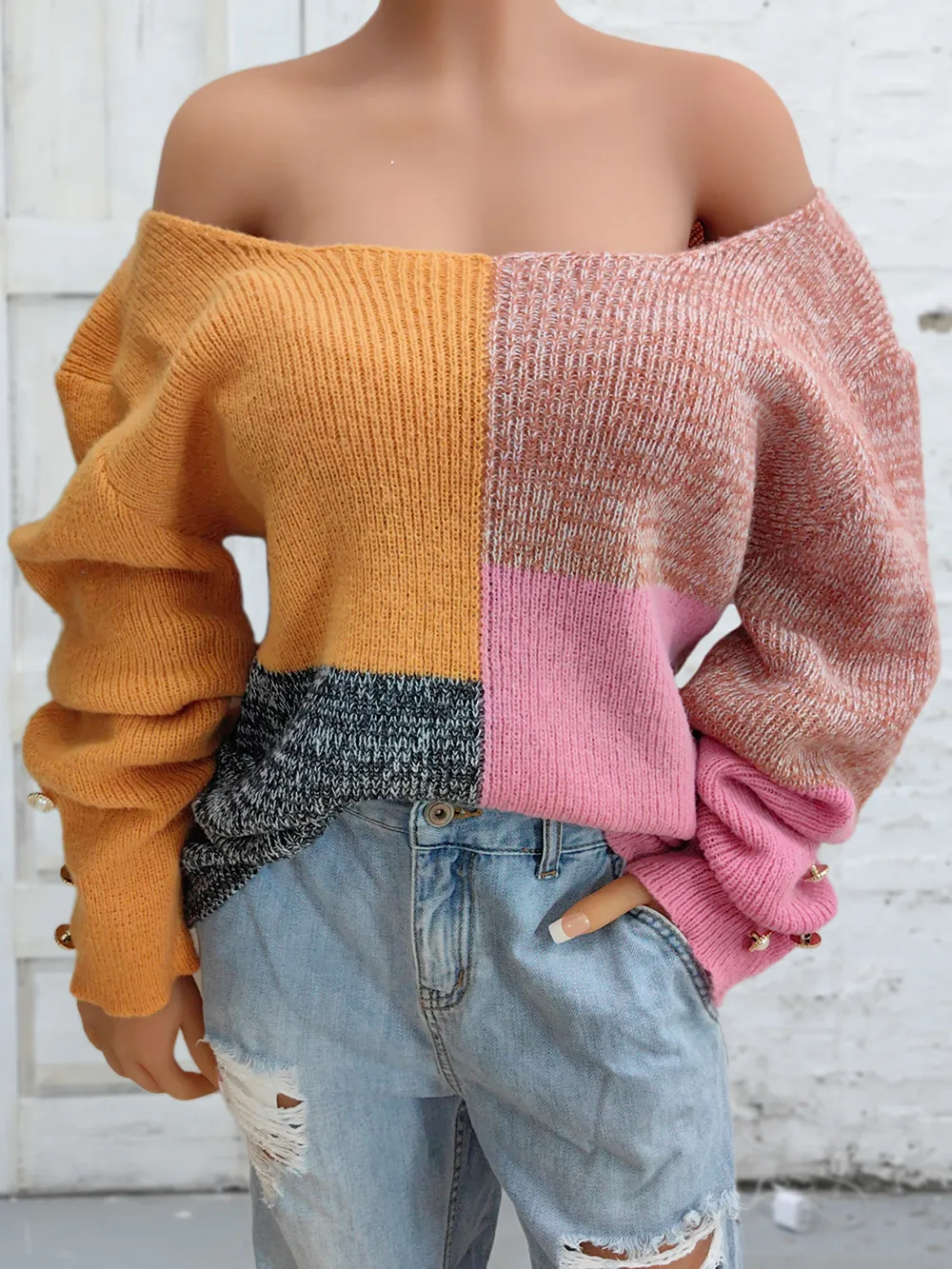 Color Block Decorative Button Long Sleeve Sweater, image 3