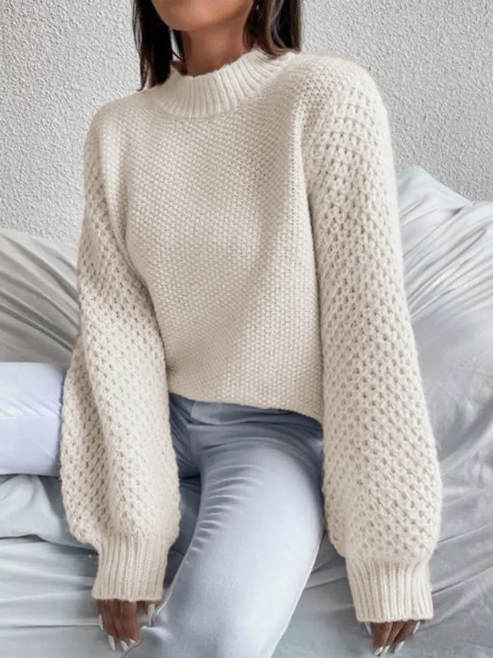 Openwork Mock Neck Long Sleeve Sweater, image 11
