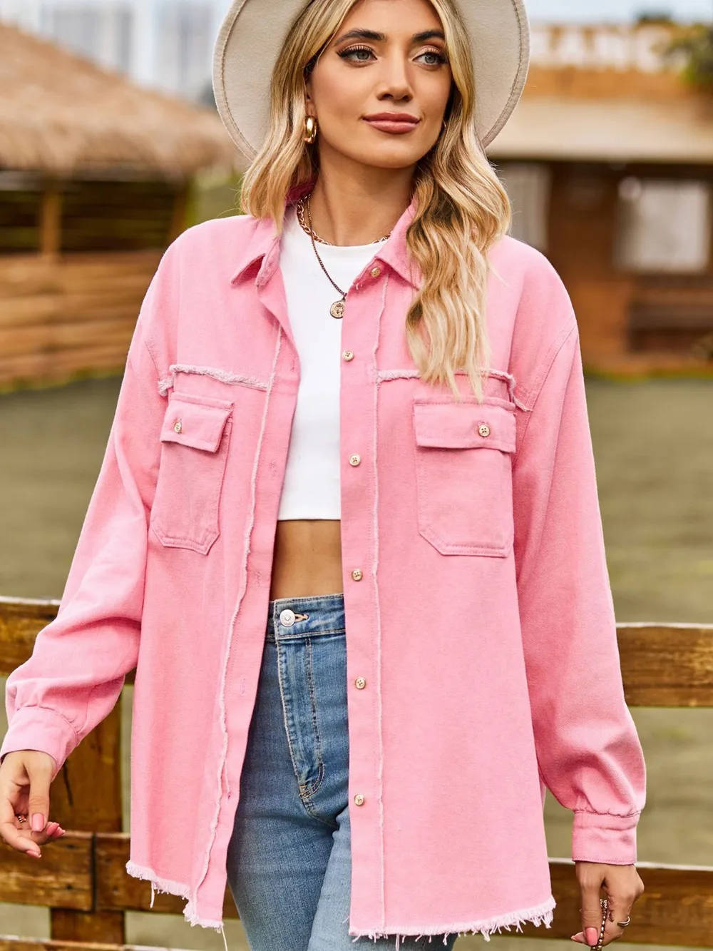 Button Up Collared Neck Raw Hem Denim Top, image 3