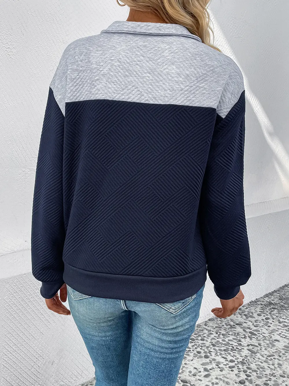 Textured Contrast Half Button Sweatshirt, image 2