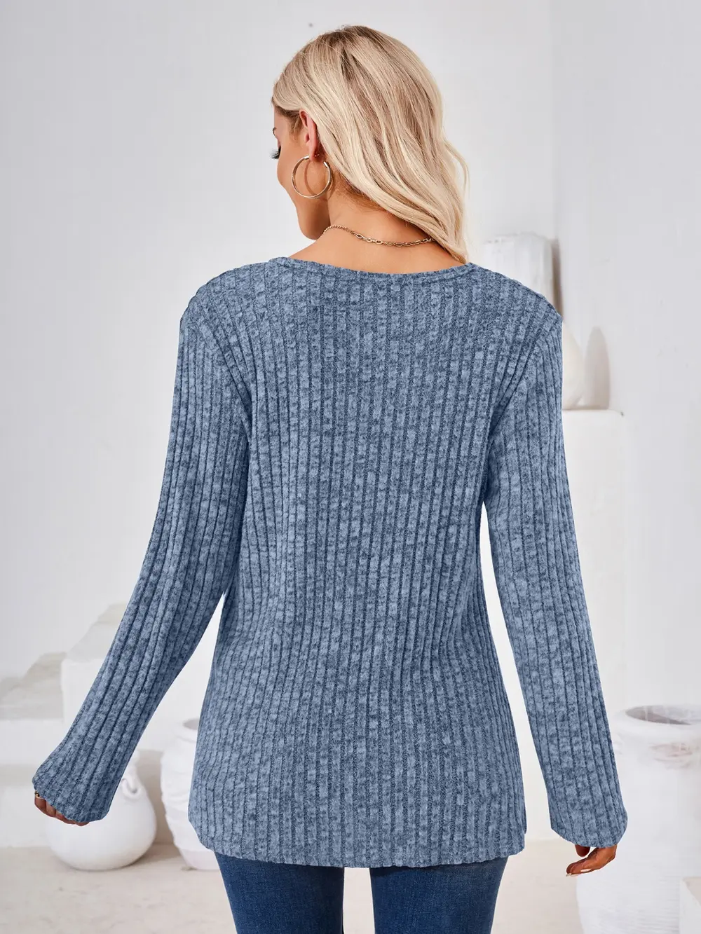 Ribbed Buttoned Round Neck Slit T-Shirt, image 9