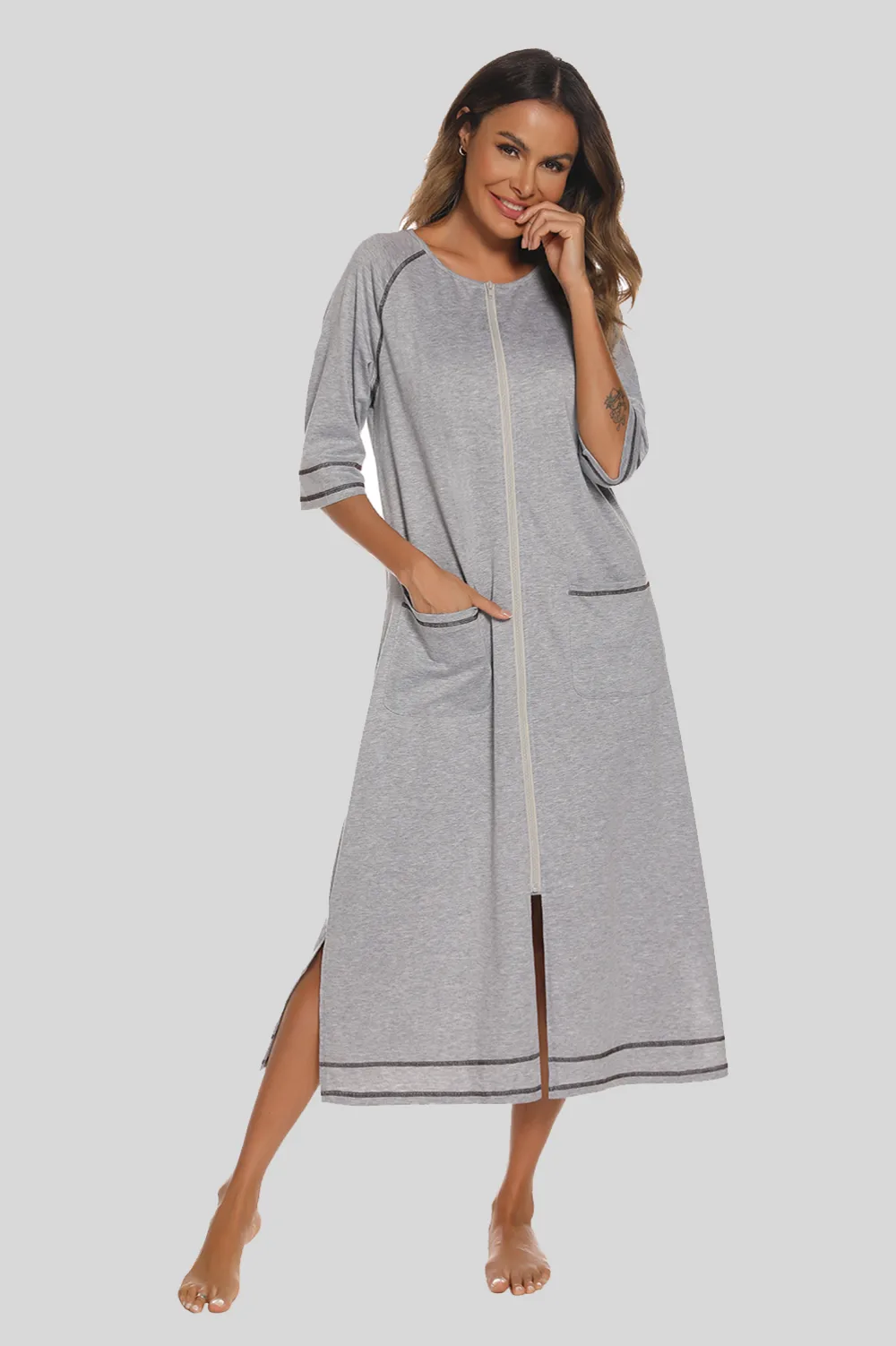 Zip Up Slit Round Neck Night Dress with Pockets, image 5
