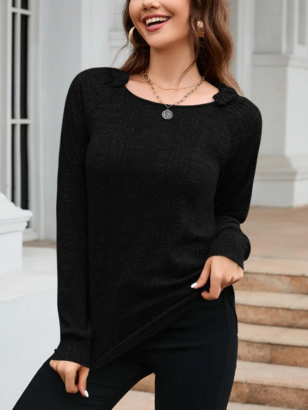 Texture Round Neck Long Sleeve Knit Top, image 6
